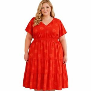 C By One Woman Plus Size 3X Orange Red Tier Elastic Stretchy Flower Dress